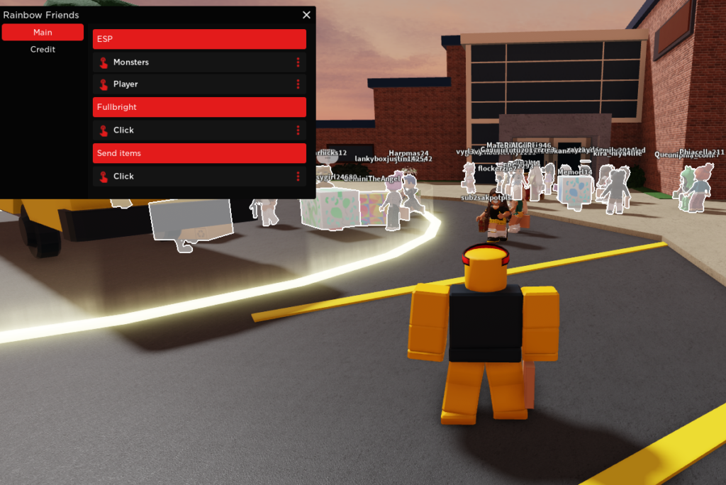 rainbow friends roblox hack with player standing with esp