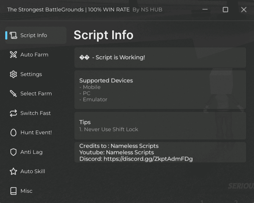 Roblox The Strongest Battlegrounds Script NS Hub Script Info